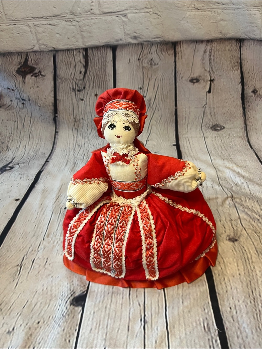 Vintage Handmade Russian Doll Tea Cozy Teapot Warmer Red Folk Art Embroidered